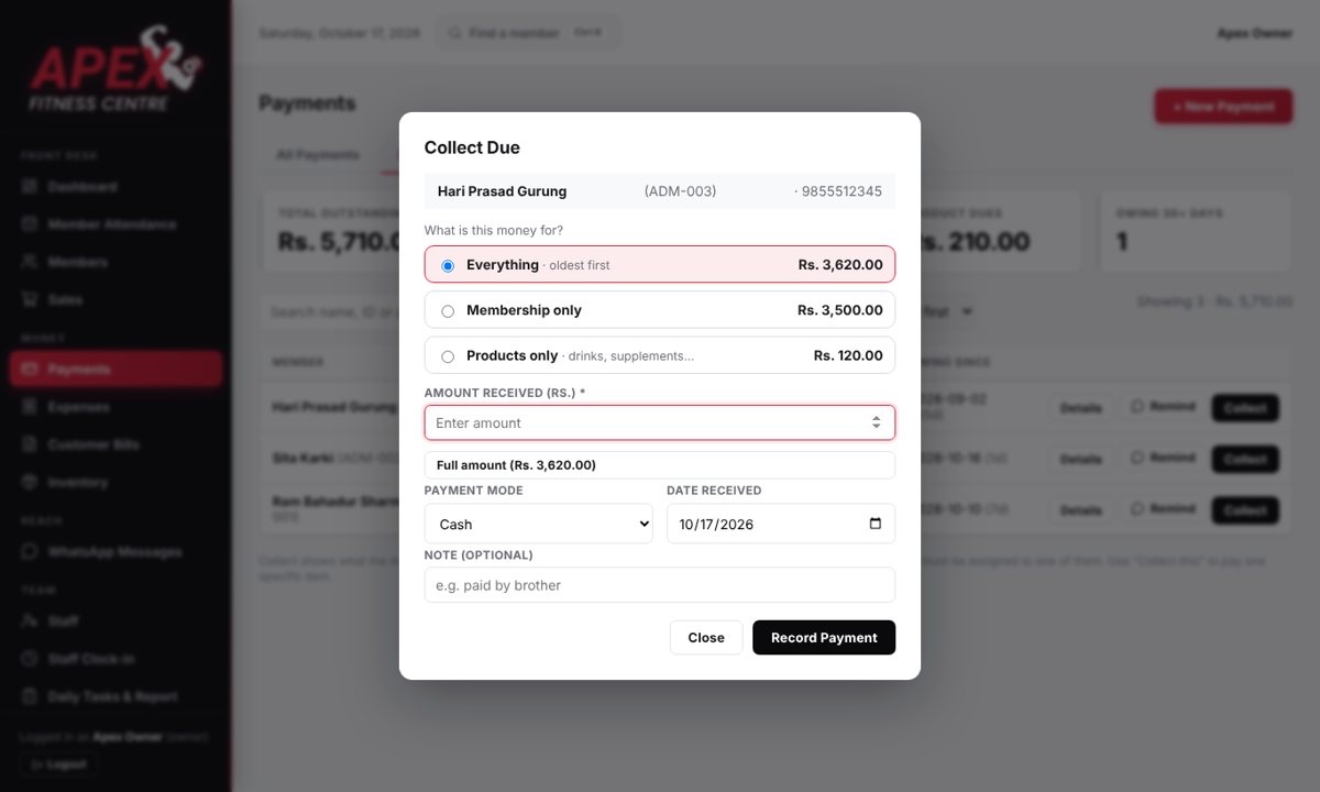 Collect Due screen choosing membership, products or everything