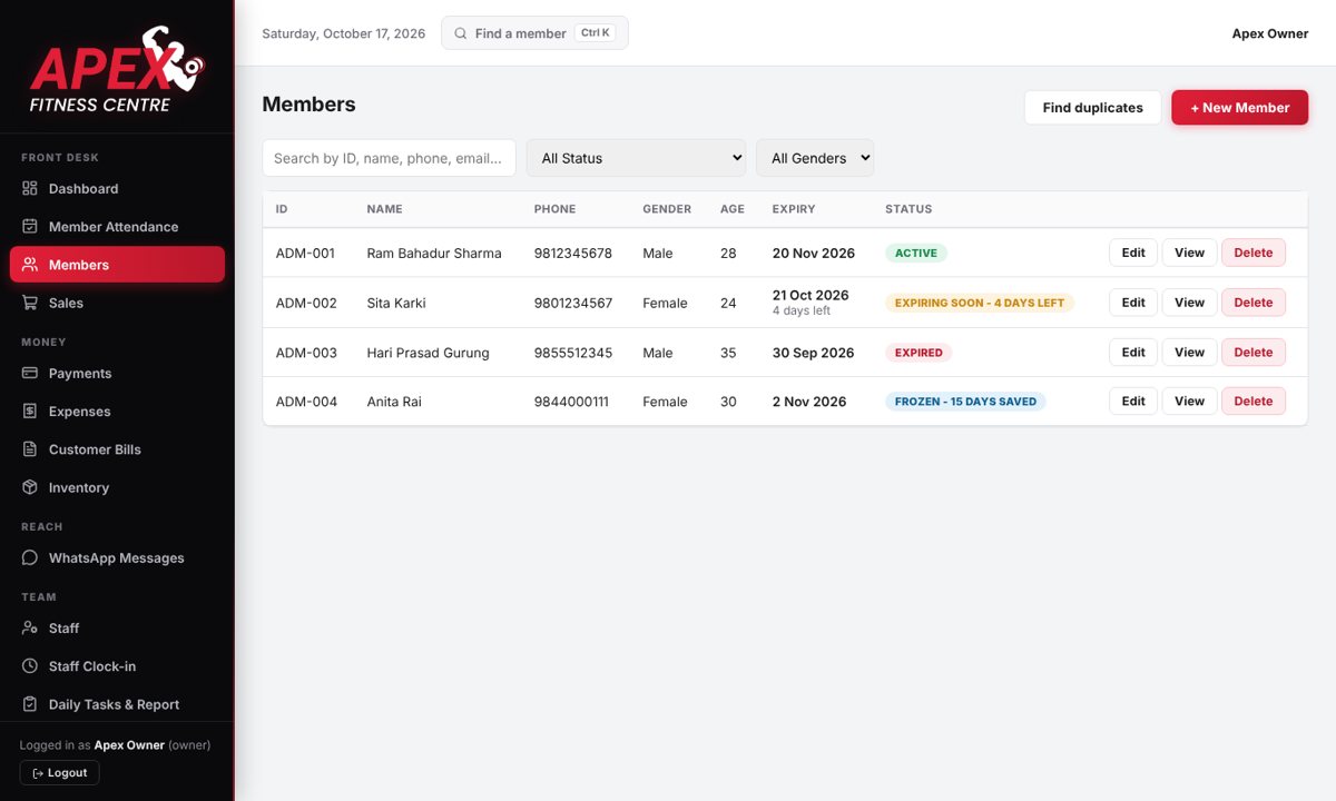 Members list with Active, Expiring soon, Expired and Frozen statuses