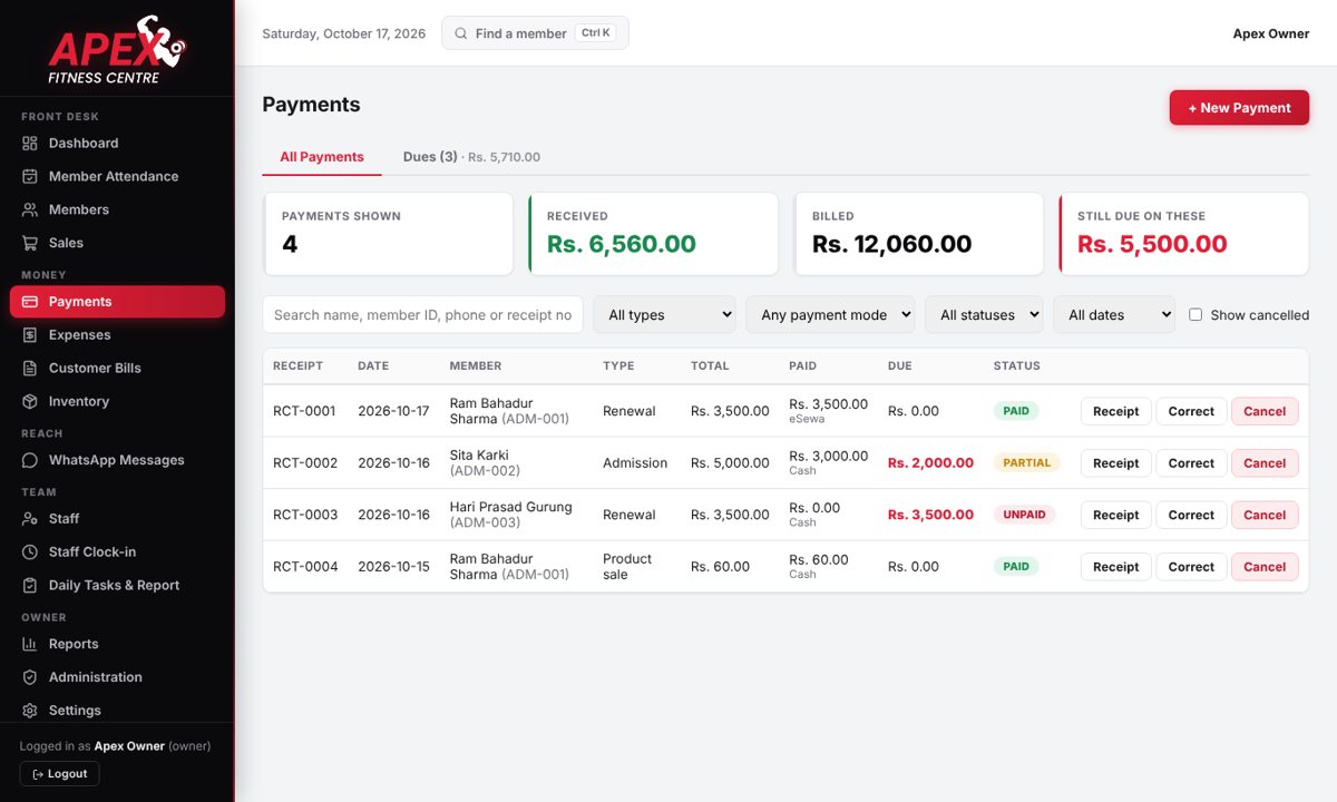 Payments page with search, filters and totals