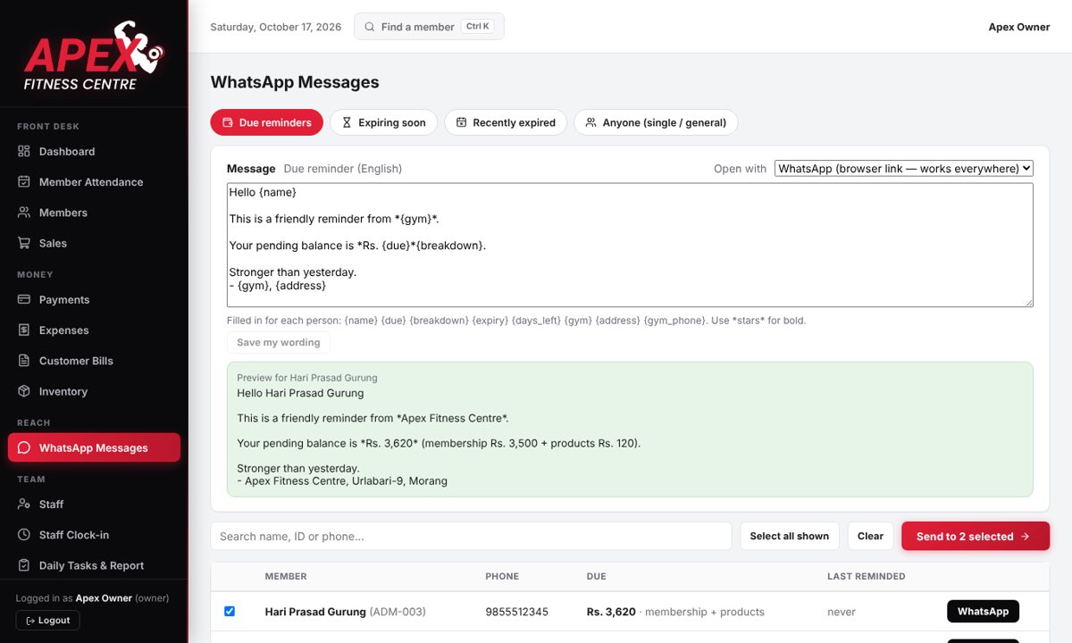 WhatsApp Messages screen with a ready due reminder