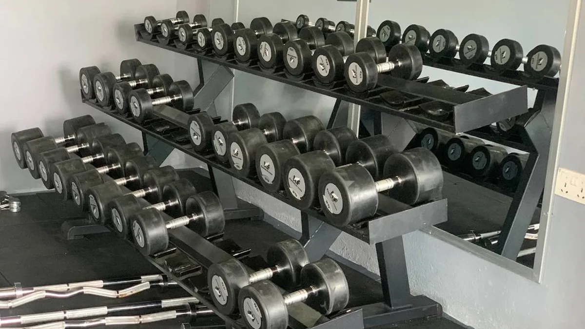 Dumbbell rack and barbells at Apex Fitness Centre, Urlabari